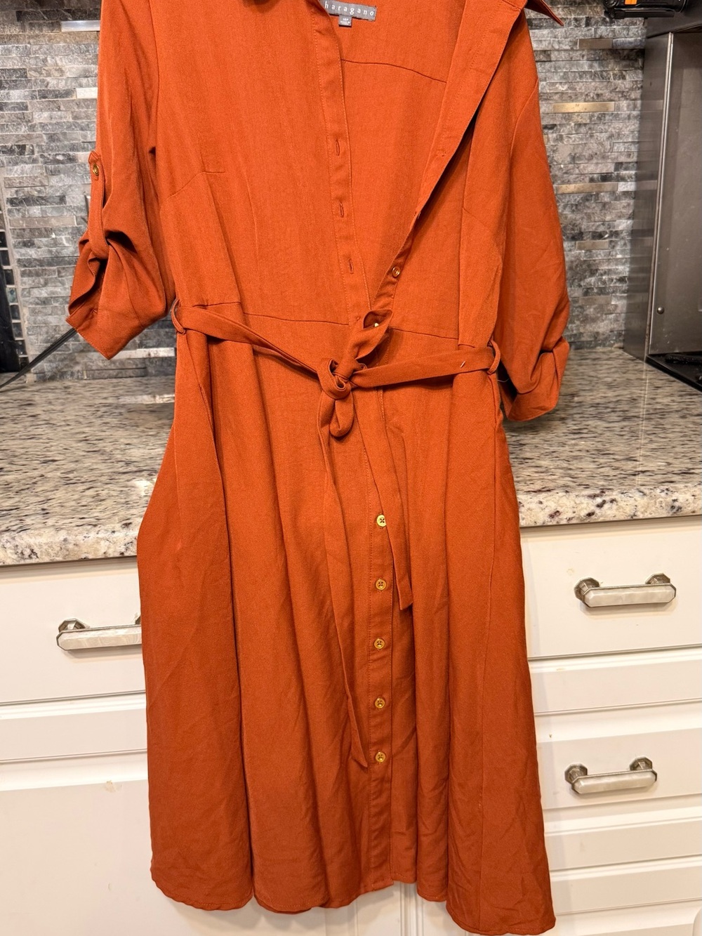 Button-Front Belted Shirt Dress - Rust Orange